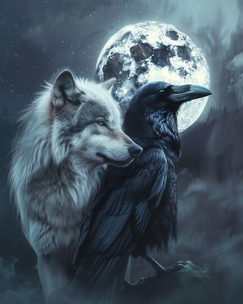 A wolf and a raven positioned back-to-back under a starry sky, both in thoughtful poses as if in intense discussion, photorealistic rendering, subtle moonlight highlighting their fur and feathers
